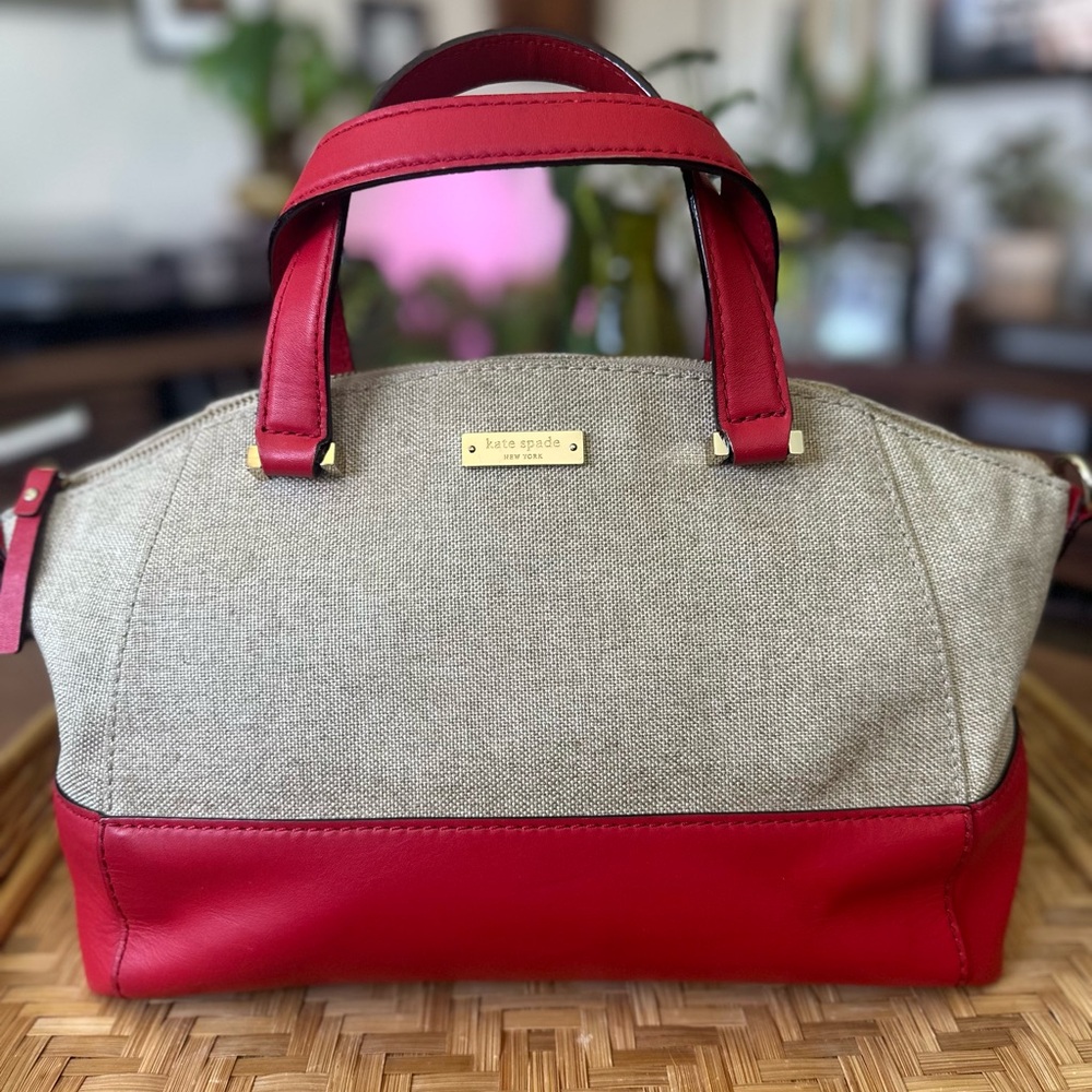 Kate Spade canvas & leather satchel w red trim 
classic, structured everyday bag - Picture 4 of 8